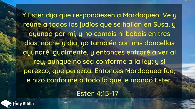 Ester 4:15-17 Y Ester dijo que respondiesen a Mardoqueo: Ve y reúne a todos los judíos que se hallan en Susa, y ayunad por mí, y no comáis ni bebáis en tres días, noche y día; yo también con mis doncellas ayunaré igualmente, y entonces entraré a ver al rey, aunque no sea conforme a la ley; y si perezco, que perezca. Entonces Mardoqueo fue, e hizo conforme a todo lo que le mandó Ester.