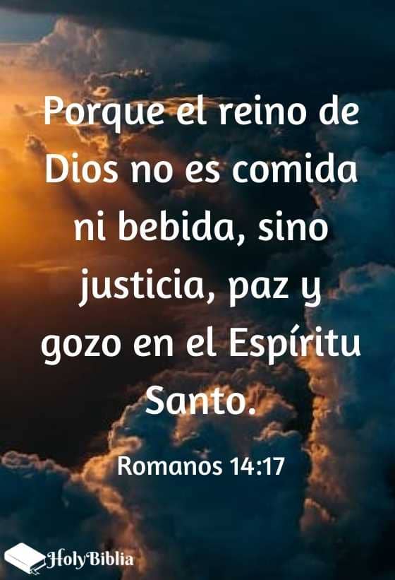 Romanos 14:17 Porque el reino de Dios no es comida ni bebida, sino justicia, paz y gozo en el Espíritu Santo.